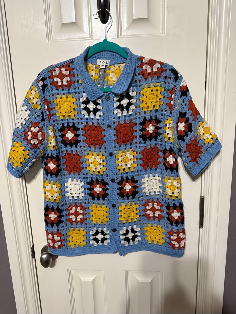 POL Blue Multicolor Crochet Button-Down Top